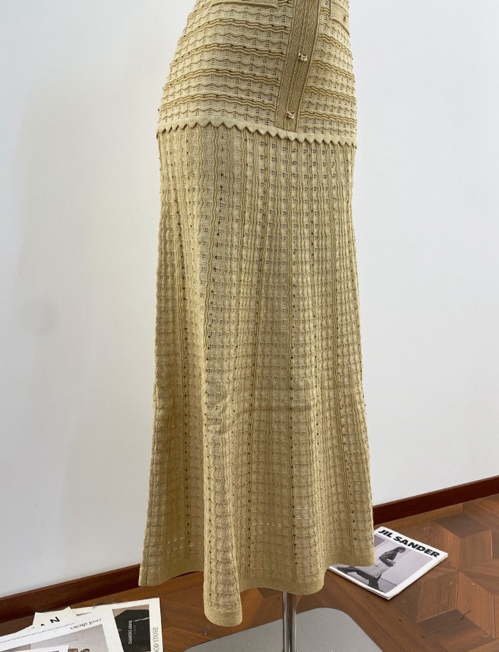 🟡Sandro Yellow Textured Knit Midi Dress Button Front Faux Pockets - Picture 2 of 12